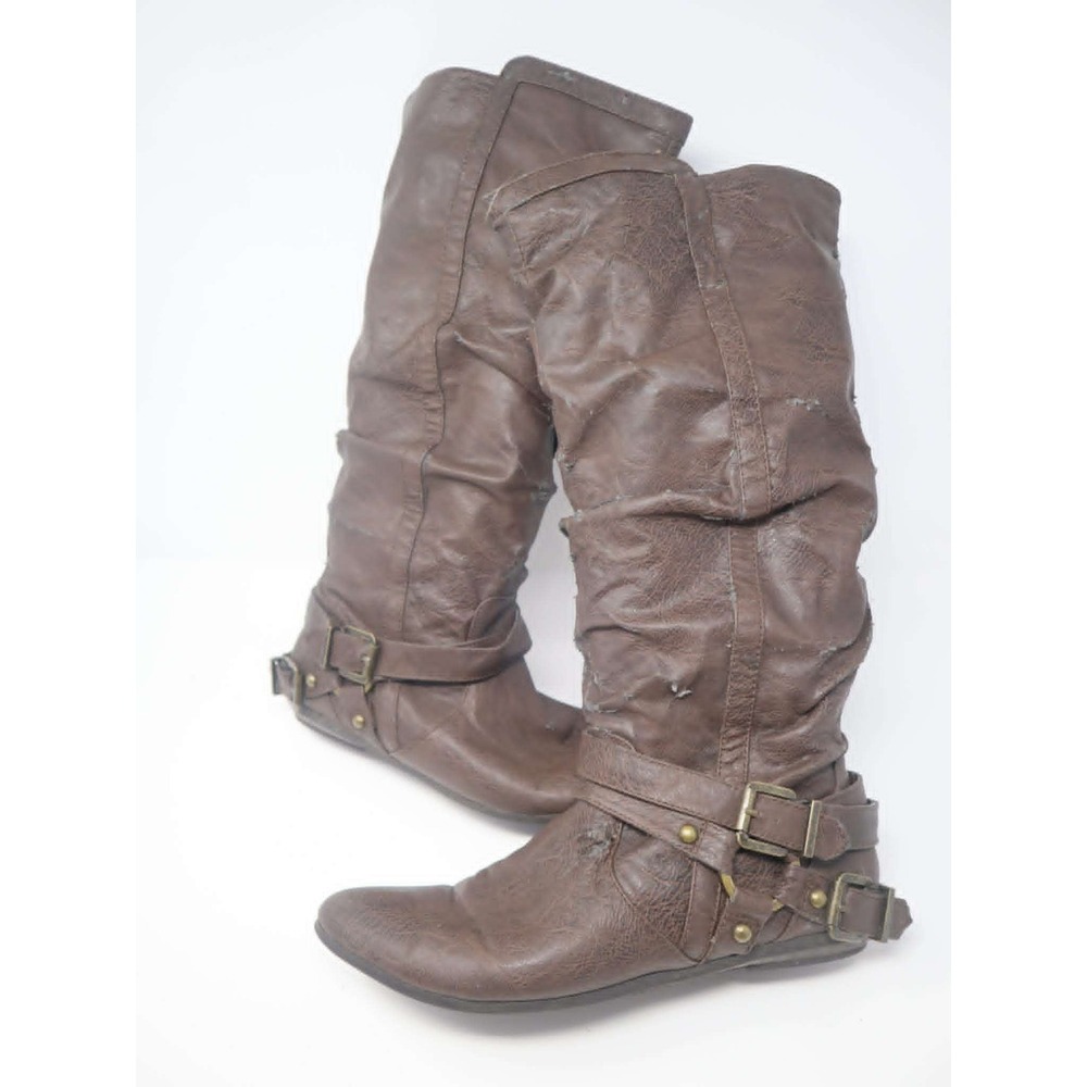 *VERY FLAWED* Brown Slouchy Moto Boots 10 Arizona Jeans Distressed Cosplay DIY
